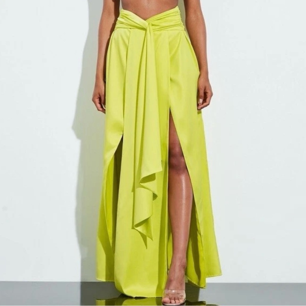 Peace & Love Satin Split Leg High Waist Maxi Skirt Size Us 2 Nwt Neon Yellow